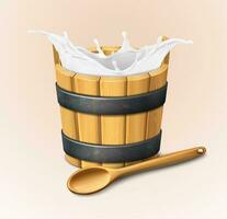 3d realistic vector icon. Wooden rustic bucket. Milk splash. Natural yogurt. Wooden spoon.
