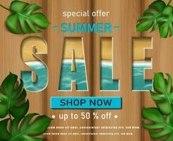 Vector summer sale banner template with wooden background, sea and leaves.