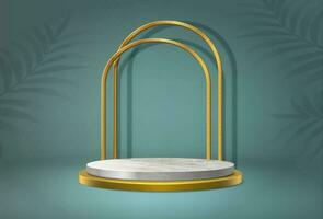 3d realistic vector background. Display stand, podium with arch in gold. Minimalistic style.