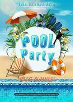 Vector summer party banner template. Pool party with inflatable ring. Vertical orientation.