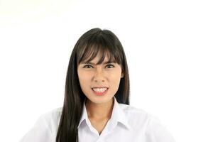 Facial Expression Young Asian woman office attire white background teeth smile make face photo