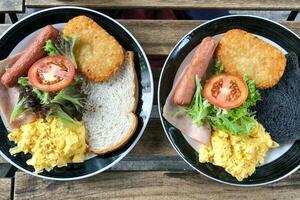 Big Breakfast sausage scrambled egg hash brown salami bread toast photo