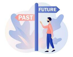 Past and future concept. Tiny man choice between past and future. Business alternative. Move forward metaphor. Modern flat cartoon style. Vector illustration on white background