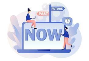 Past, future, now concept. Tiny man choice between past and future. Business alternative. Move forward metaphor. Modern flat cartoon style. Vector illustration on white background