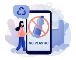 No plastic sign on smartphone screen. Tiny people against plastic garbage. Reduce pollution. Environmental concept. Modern flat cartoon style. Vector illustration on white background