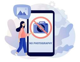 No photography icon. Red sign No camera on smartphone screen. No pictures. Modern flat cartoon style. Vector illustration on white background