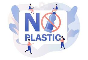 No el plastico signo. minúsculo personas protesta en contra el plastico basura. reducir contaminación. ambiental concepto. moderno plano dibujos animados estilo. vector ilustración en blanco antecedentes