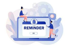 Reminder concept. Notifications page with notification bell on laptop. New notice. Important reminder. Event push message. Modern flat cartoon style. Vector illustration on white background