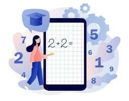 Mathematic class. Tiny people learning math. Arithmetic symbols on smartphone screen. Education and knowledge concept. Modern flat cartoon style. Vector illustration on white background