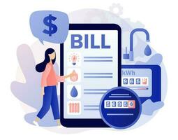 Utility bills in smartphone app. Household services. Regular payments as gas, water, electricity, heating. Saving resources concept. Modern flat cartoon style. Vector illustration on white background