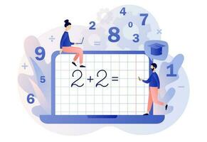 Mathematic class. Tiny people learning math. Arithmetic symbols on laptop screen. Education and knowledge concept. Modern flat cartoon style. Vector illustration on white background