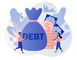Money debts concept. Tiny people have financial problems. Banking, bankruptcy, finance. Modern flat cartoon style. Vector illustration on white background