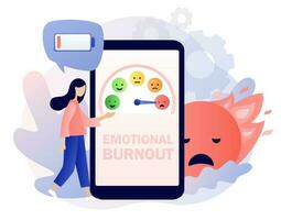 Emotional burnout. Low energy, tiredness, depression, stress level, mood scale, battery low on smartphone screen. Overwork business people. Modern flat cartoon style. Vector illustration