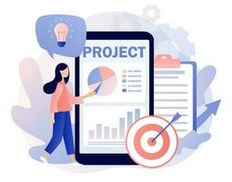 Project management. Marketing analysis and development in smartphone app. Successful strategy, motivation and leadership. Modern flat cartoon style. Vector illustration on white background