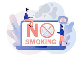 No smoking. Rejection of nicotine, stop smoke, healthy habits. Crossed out sign with cigarette on laptop screen. Modern flat cartoon style. Vector illustration on white background