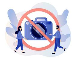 No photography icon. Tiny people and red sign No camera. No pictures. Modern flat cartoon style. Vector illustration on white background