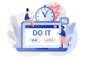 Do it later. Procrastination concept. Tiny people procrastinating instead of working. Unprofitable time spending, useless pastime. Lazy, unproductive. Modern flat cartoon style. Vector illustration