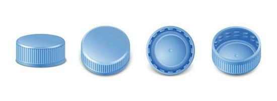 3d realistic collection of blue plastic bottle caps in side, top and bottom view.  Mockup with pet screw lids for water, beer, cider of soda. Isolated icon illustration. vector