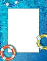 Summer background template. 3d realistic vector illustration. Swimming pool with colorful life saver. and copy space paper.
