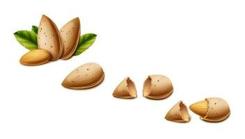 3d realistic vector icon. Almond nut shell, nuts and crumbs.  Isolated on white background.