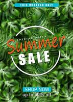 3d realistic vector summer sale banner template with exotic palm leaves.