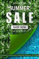 Vector big summer sale banner template with tropical leaves frame and swimming pool textures.