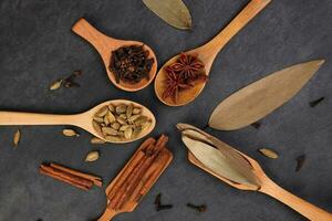 Mix variety spice cinnamon cardamom clove bay leaf wooden spoon scattered on black slate background photo