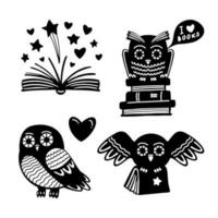 Cute little owls with books cartoon, line art, black silhouette vector