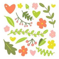 A collection of cute natural elements. Cartoon hand-drawn flowers, hearts, berries and leaves. Vector illustration for T-shirt print, poster, invitation, postcard, nursery decor