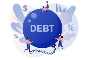 Money debts concept. Tiny man chained by huge weight debt metal ball have financial problems. Banking, bankruptcy, finance. Modern flat cartoon style. Vector illustration on white background