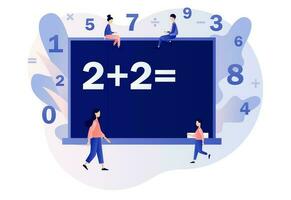 Mathematic class. Tiny people learning math. Arithmetic symbols on chalk board. Education and knowledge concept. Modern flat cartoon style. Vector illustration on white background