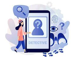 Detective agency. Searching evidences online. Private detective solving crime and search criminals. Photos, notes, fingerprints and map attached. Modern flat cartoon style. Vector illustration