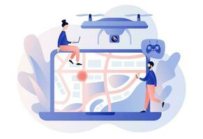 Drone with camera. Drone videography, aerial photography, quadcopter operator, air survey services, drone photo on laptop. Modern flat cartoon style. Vector illustration on white background