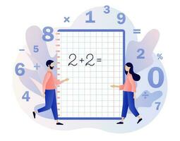 Mathematic class. Tiny people learning math. Arithmetic symbols in notebook. Education and knowledge concept. Modern flat cartoon style. Vector illustration on white background