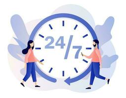 alrededor reloj. 24 horas reloj con flecha. 24-7 apoyo servicio, abierto, tiempo, trabajando horas, entrega concepto. moderno plano dibujos animados estilo. vector ilustración en blanco antecedentes