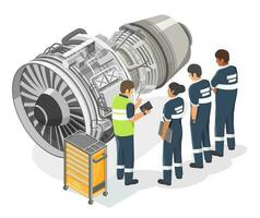 Aircraft engineer training school with jet engine technicians checking service maintenance airplane turbine isometric isolated vector