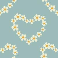 Seamless pattern with heart shape with flowers of daisy flowers in Groovy style on a blue background vector