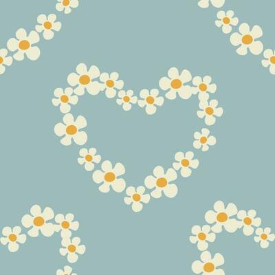 Seamless pattern with heart shape with flowers of daisy flowers in Groovy style on a blue background