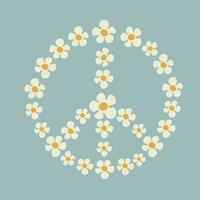 Illustration of a peace symbol made of chamomile flowers in Groovy style on bllue color background vector