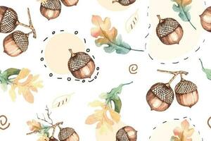 Seamless pattern of acorn fruit.Watercolor vintage autumn pattern background.Natural fall botanical illustration.Designed for fabric and wallpaper, vintage style. vector