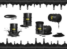 3d realista vector icono ilustración peligro barril en negro petróleo chapoteo, líquido chapoteo y gotas. aislado en blanco antecedentes.