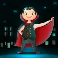 Vector collection of cartoon Halloween character dracula with dark city background, bats and glow in the darkness.