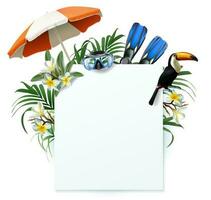 3d realistic vector banner illustration with square blank copy space. Tropical plants with umbrella, diving mask and tucan bird.