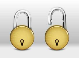 3d realistic vector set of round  golden padlock open and closed.