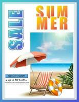 Vector summer sale background with sunbed and umbrella on the beach.