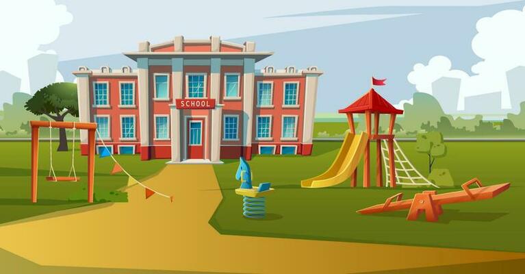 Vector cartoon style illustration. School building with kids play area infront.