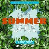 Vector big summer sale banner template with tropical leaves frame.