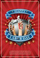 3d realistic vector illustration Labor day banner. Element design emblem on red background with stars.Hands holding instruments like screw or wrench.