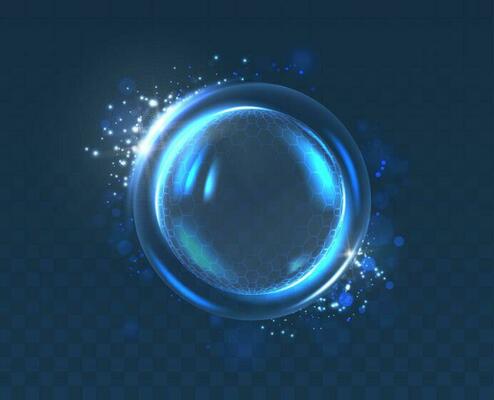 Vector icon illustration. Blue bubble sphere protection shield with particles of sparkles and light beams.