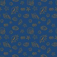 Vector isolated outline seamless pattern with seashells and sea star. Unique hand drawn shells in sketch style on blue background. Suitable for wallpaper, wrapping, background, decor, kids textile